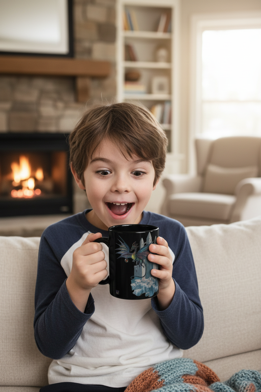 Boy with surprised face holding Dragon Color Changing Mug