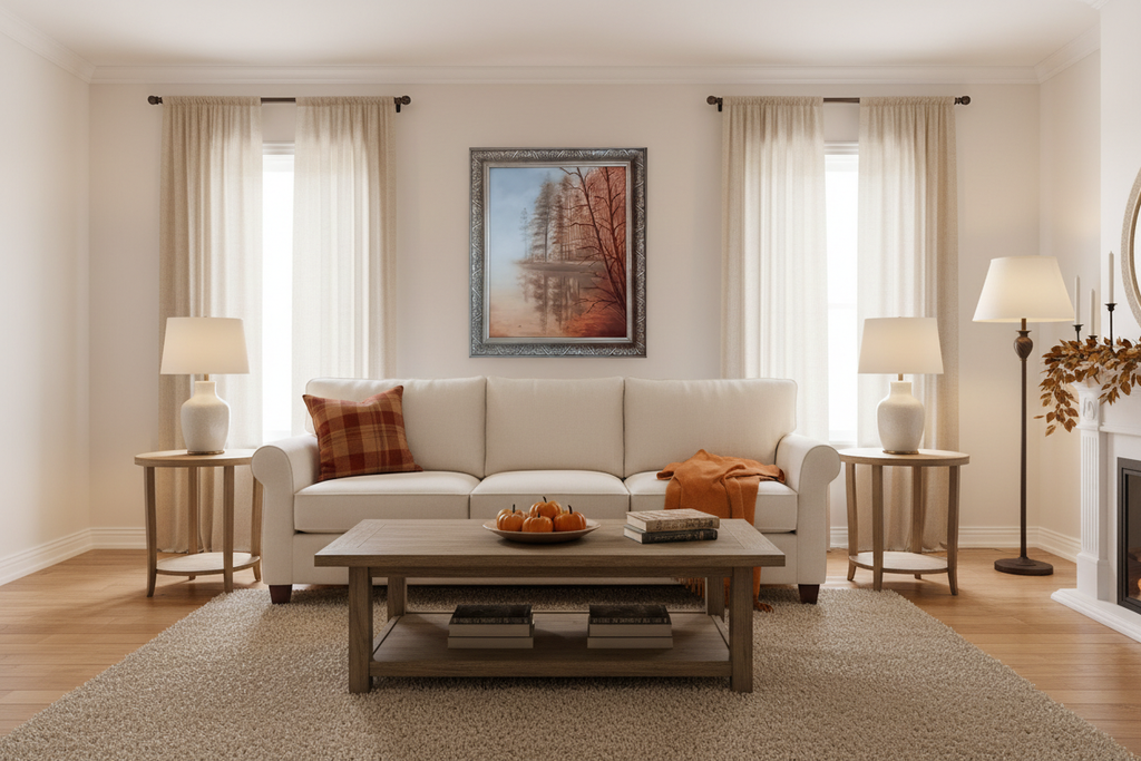 Golden Autumn original oil painting displayed in a cozy living room