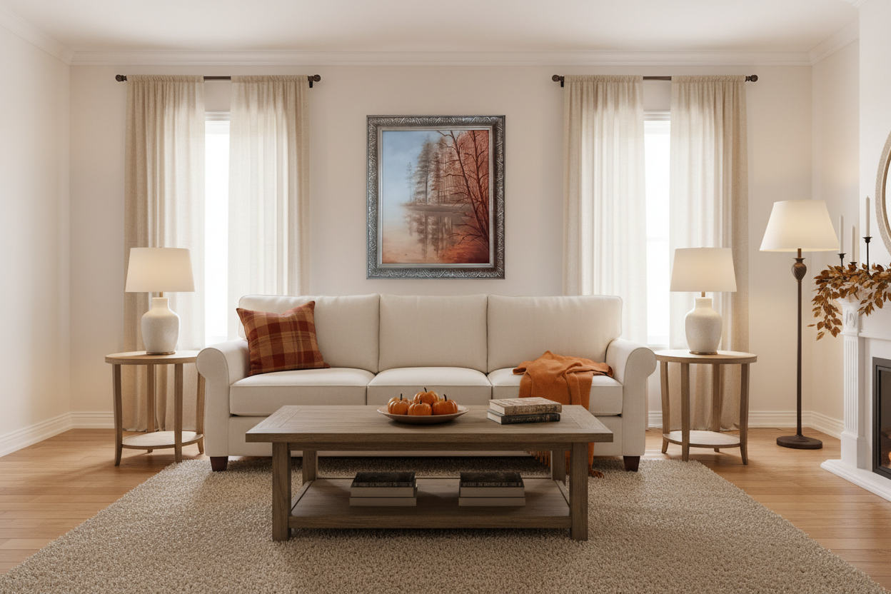 Golden Autumn original oil painting displayed in a cozy living room