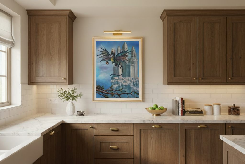 Artwork in light gold frame displayed in kitchen