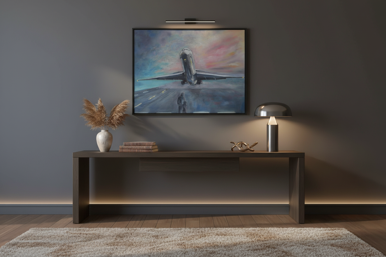 Framed artwork displayed in elegant entryway with low warm lighting