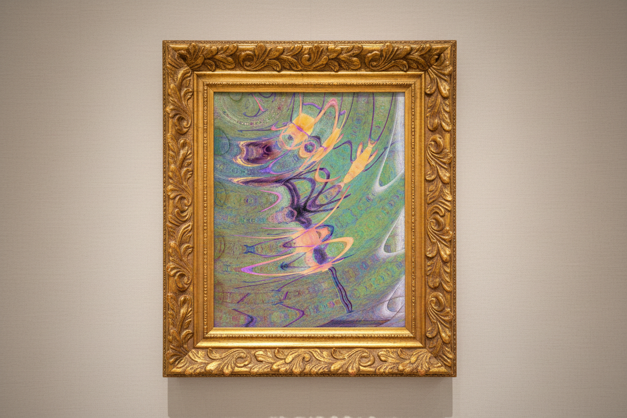 Abstract artwork in wide golden frame