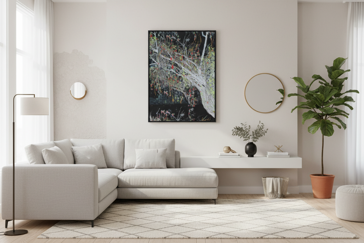 Tree of Heaven spring landscape artwork displayed in modern living room