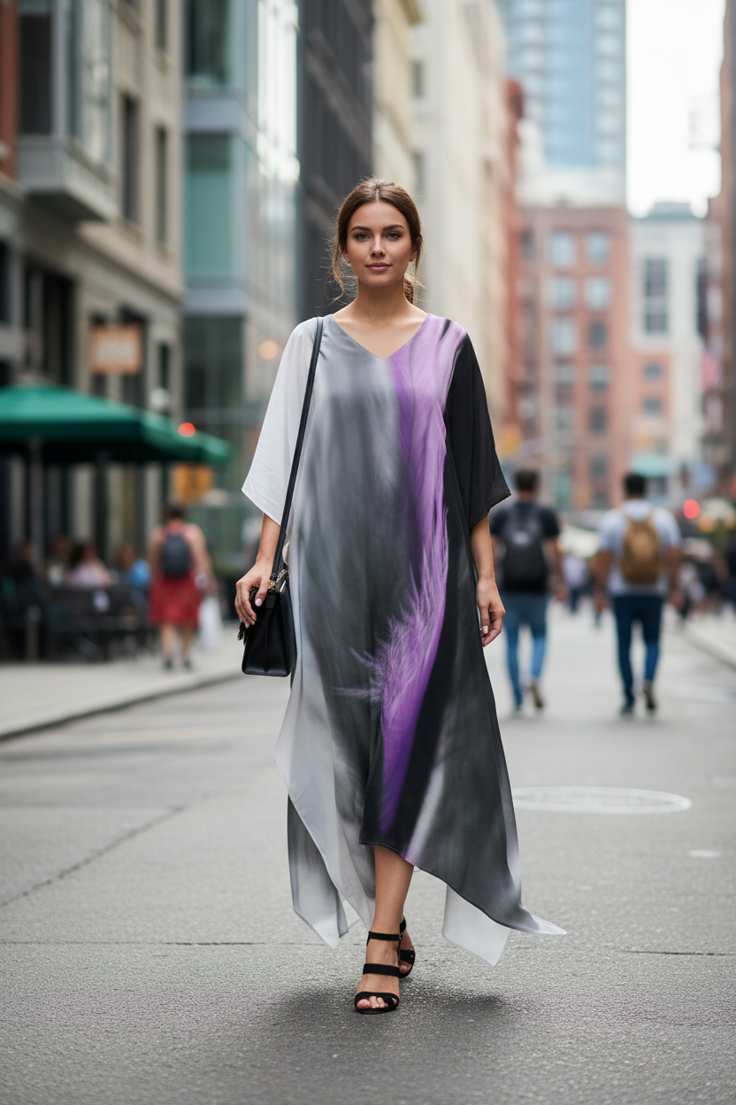 Woman wearing Gray/Lilac V-neck dress walking on a city street