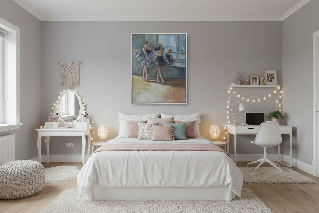 Smaller silver framed artwork displayed in girl's bedroom with gray walls