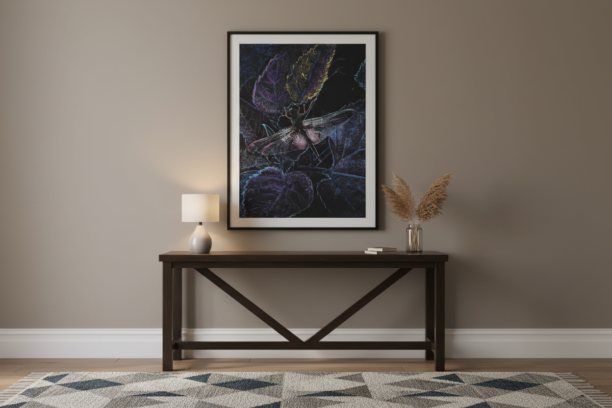Artwork displayed in elegant home entryway with console table and warm lighting