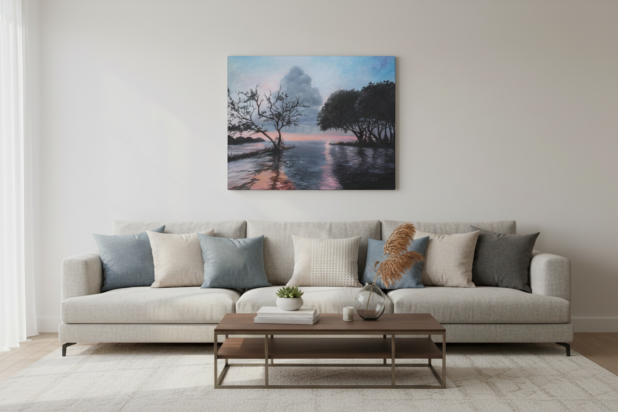 Wall art displayed in a modern living room lifestyle setting