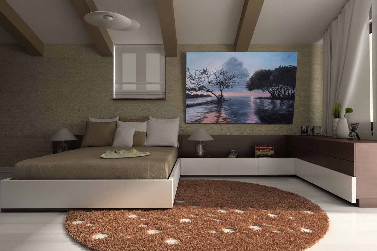 Bedroom scene with canvas artwork displayed in dramatic 3D effect