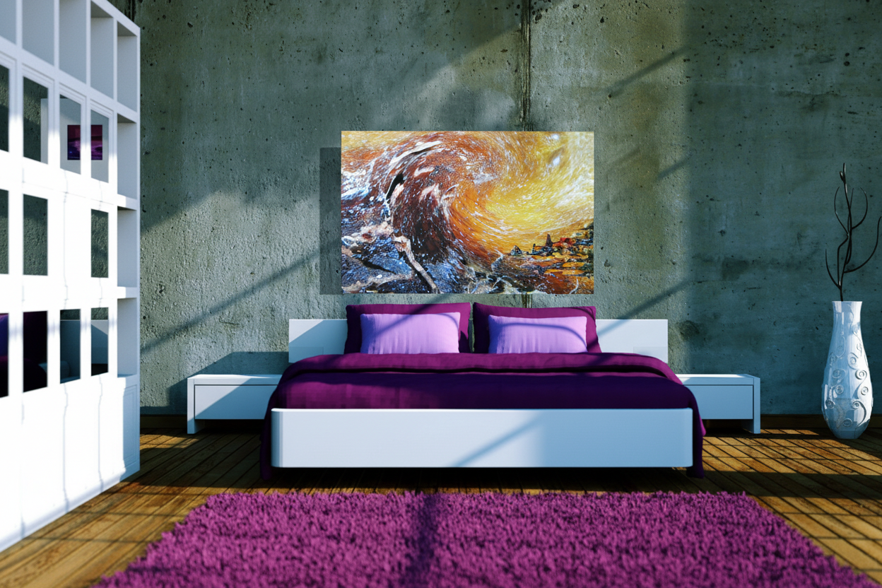 Abstract artwork displayed above bed in modern bedroom with concrete walls