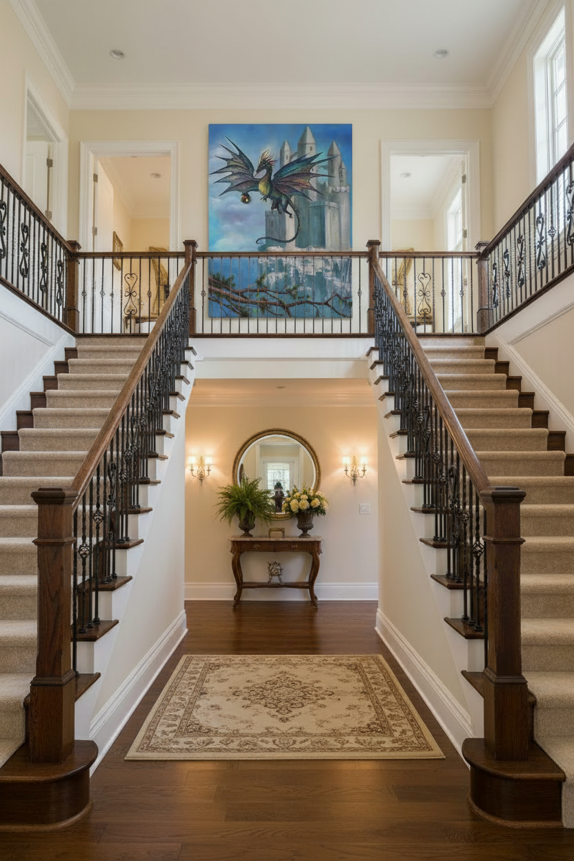 Artwork displayed on two-story staircase wall with natural daylight and no lighting fixtures