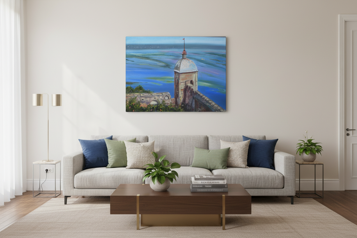 Wall art displayed in a modern living room lifestyle setting