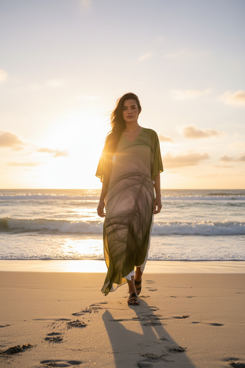 Woman wearing Green V-neck dress walking on the beach