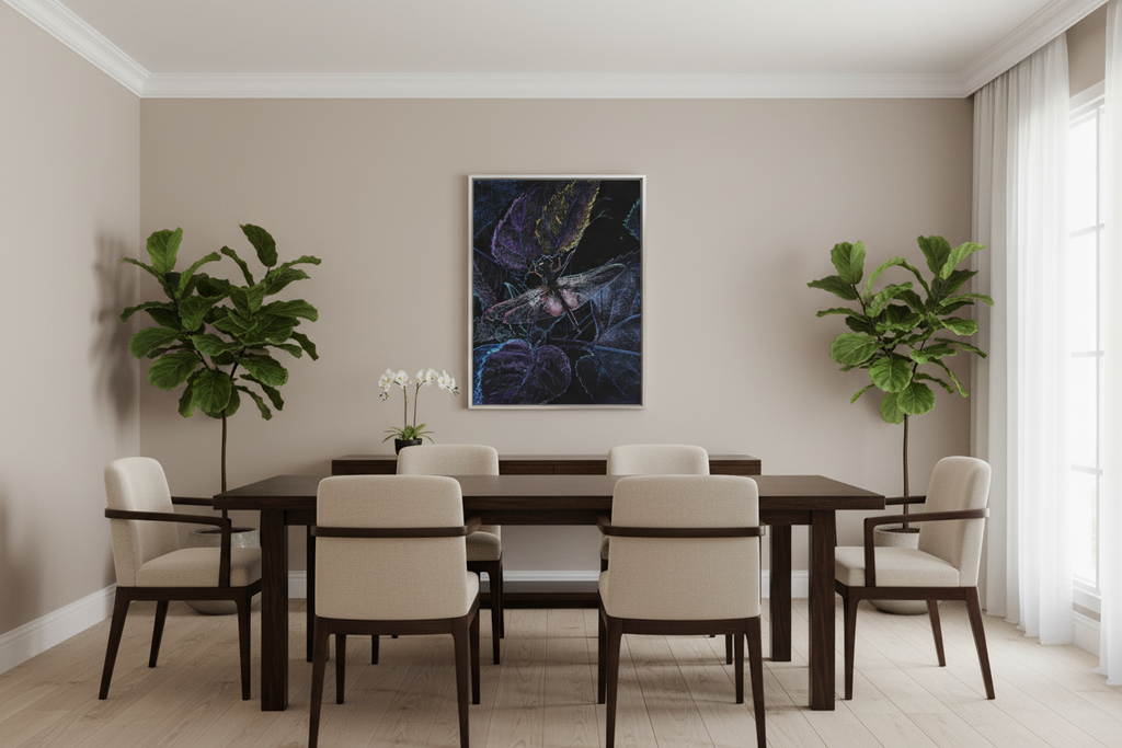Artwork in silver frame displayed in elegant dining room with natural daylight