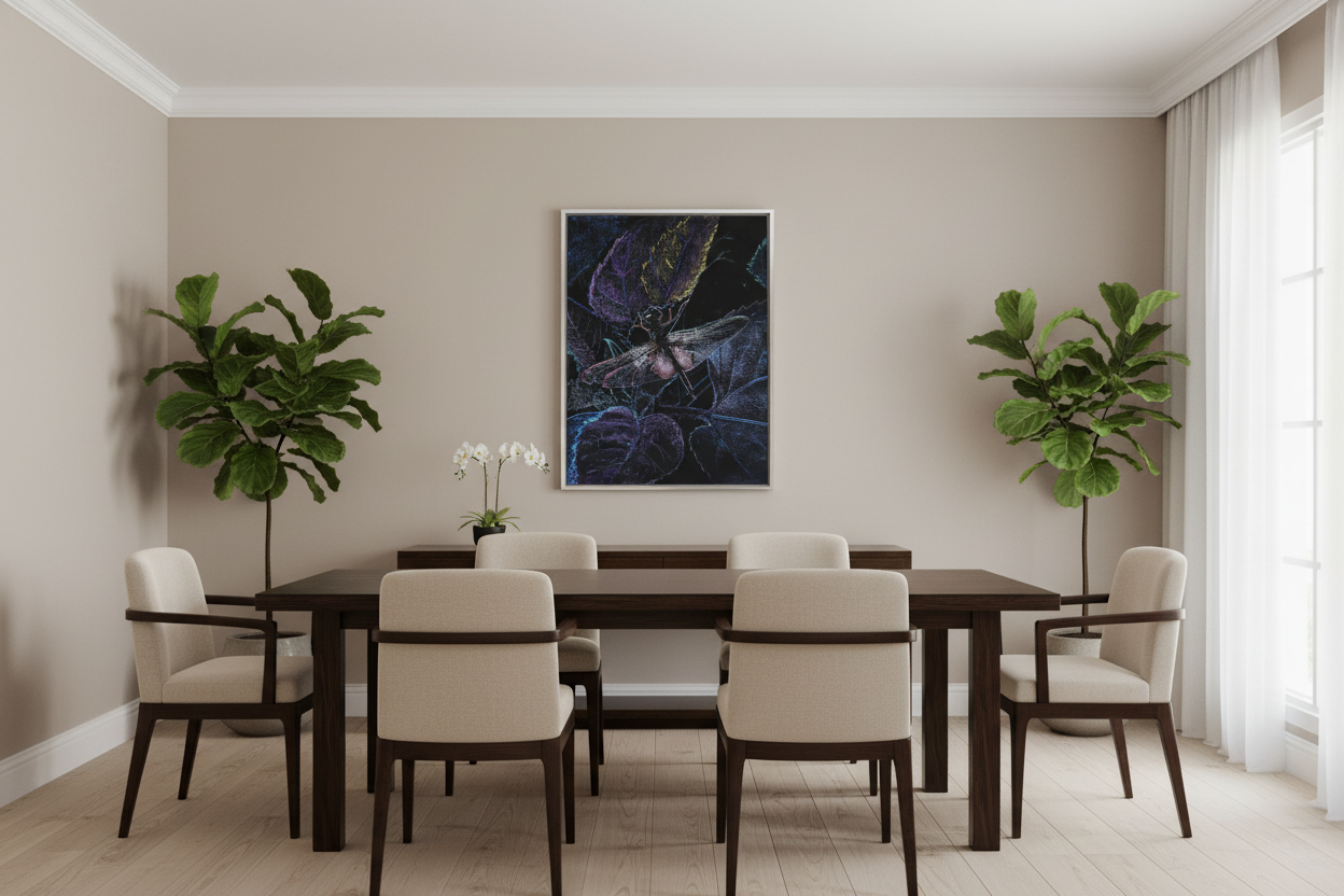 Artwork in silver frame displayed in elegant dining room with natural daylight