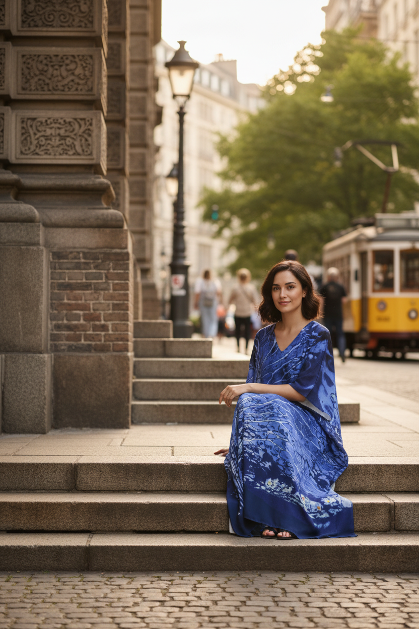 Woman wearing Blue V-neck dress sitting on a city street