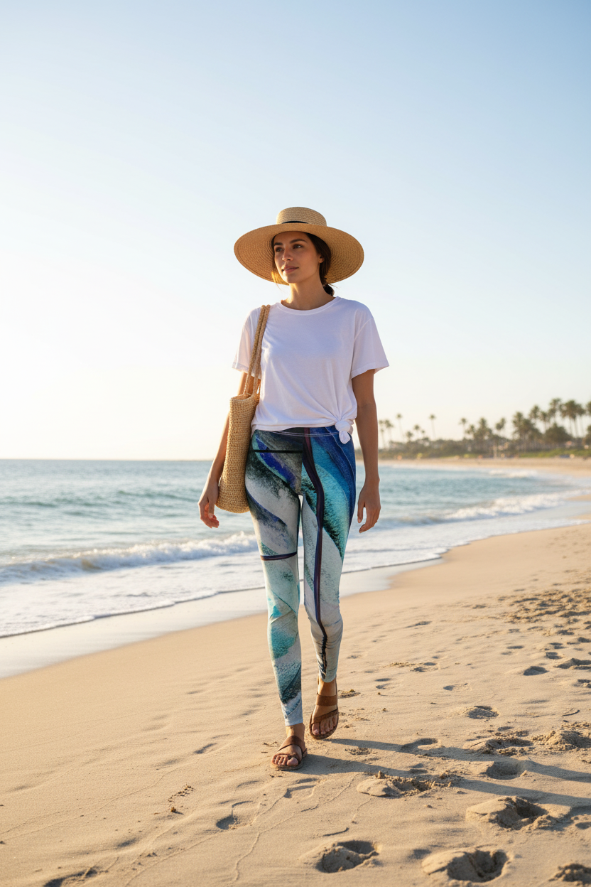 Woman wearing blue/green patterned leggings at the beach