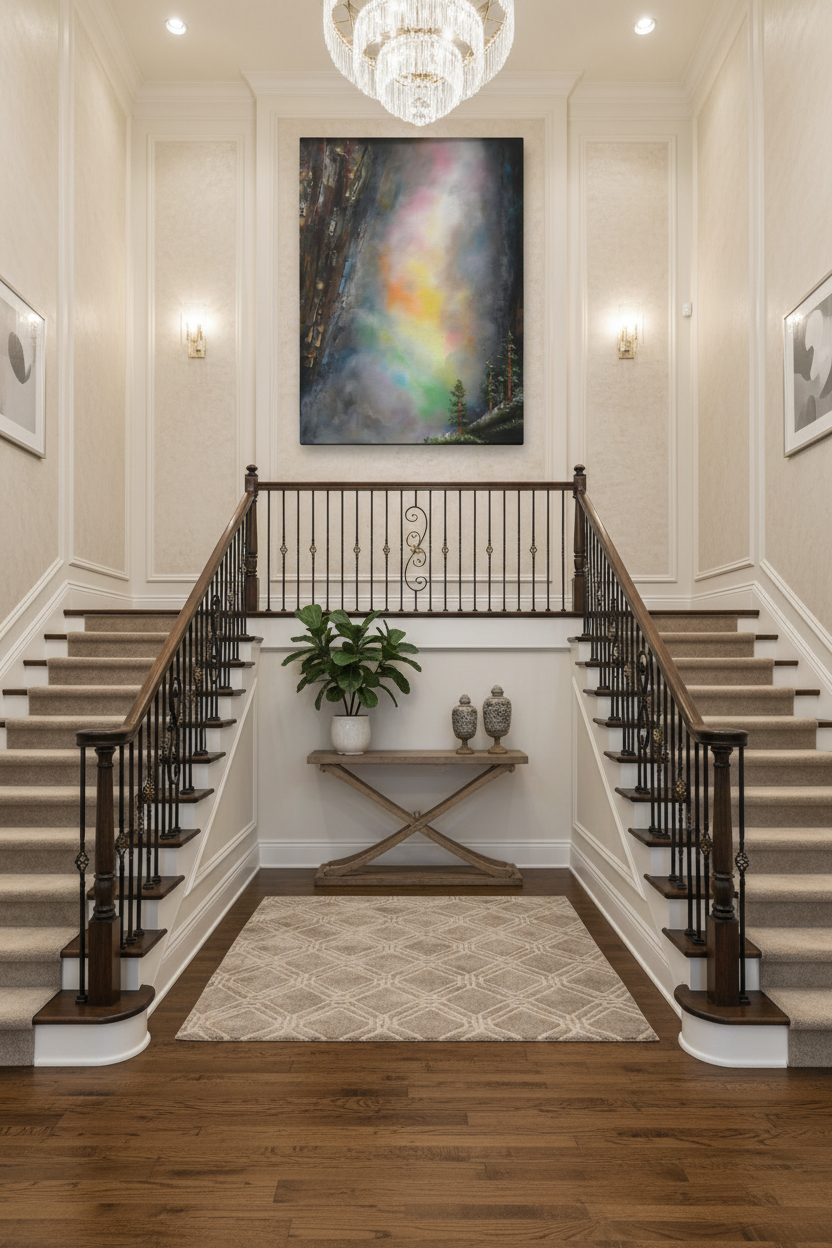 Artwork displayed as large canvas on two-story staircase wall