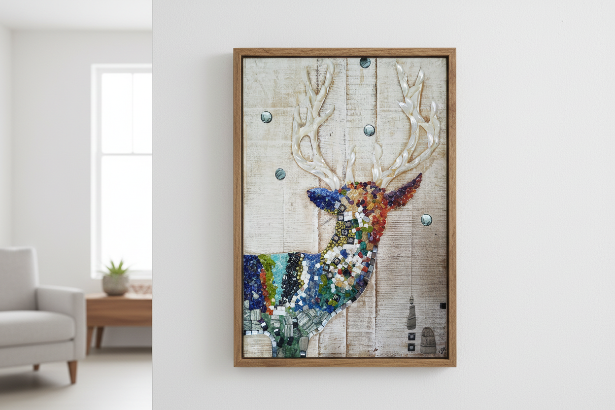Mosaic Deer with Semiprecious Stones on Wood - close-up lifestyle shot
