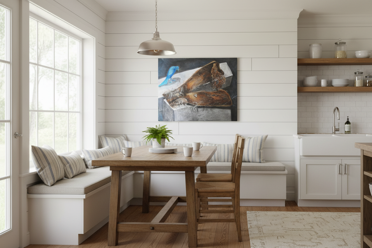 Blue bird canvas print in cozy kitchen breakfast nook