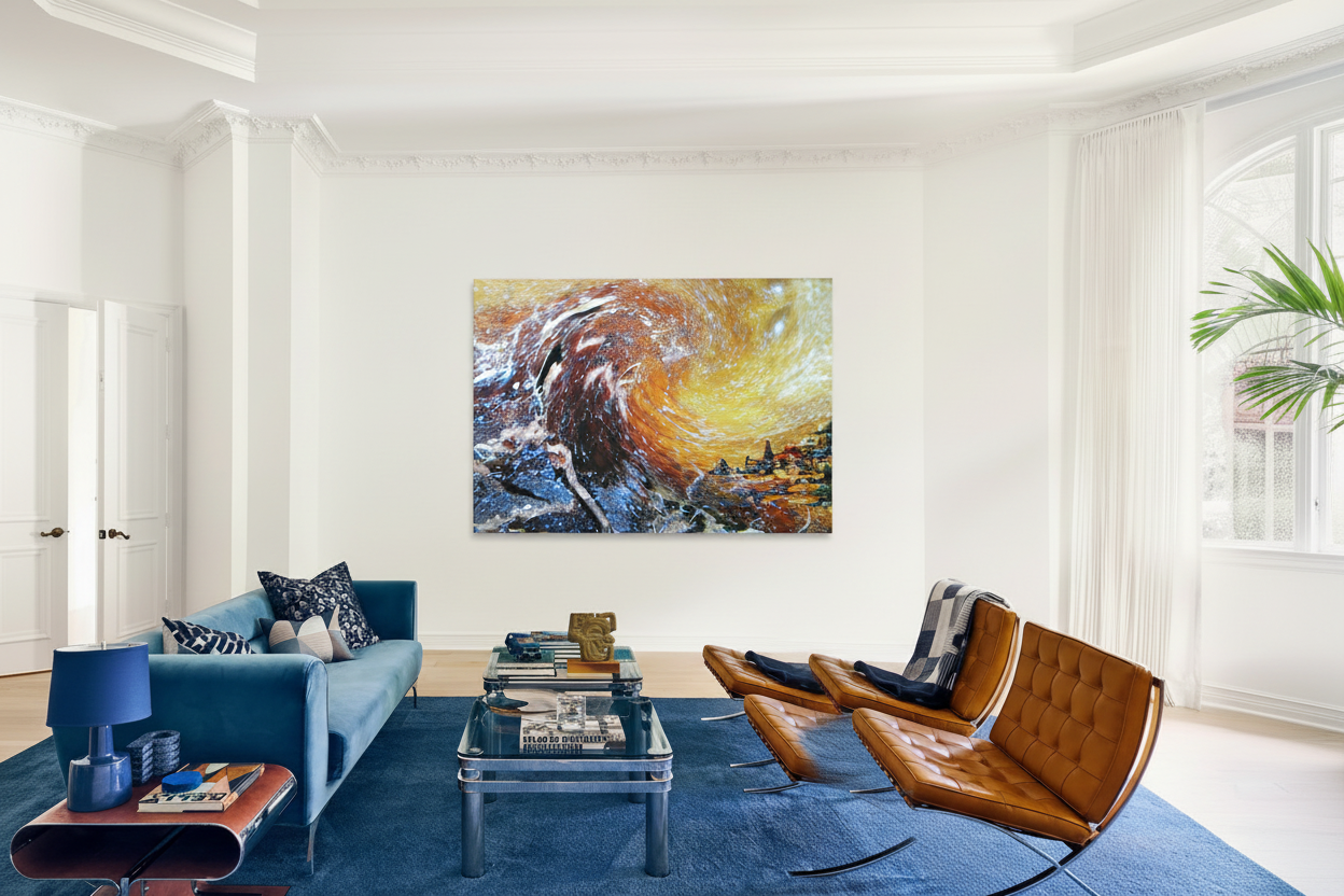 Abstract artwork displayed as smaller canvas in elegant living room