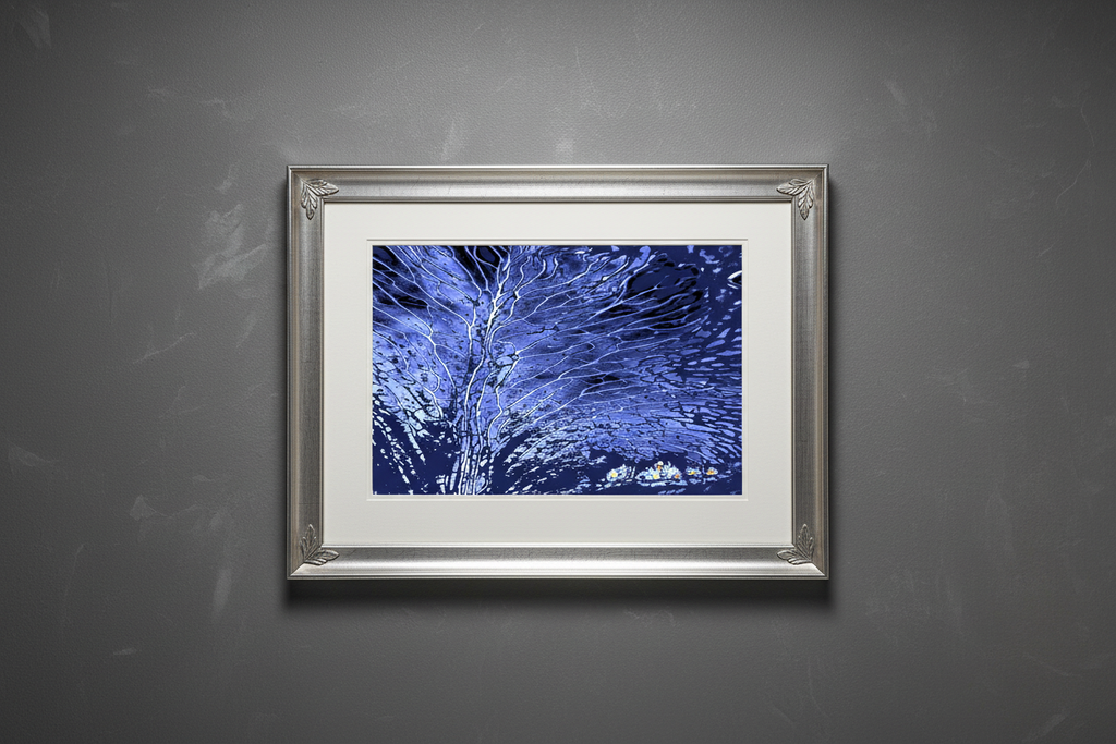 Blue winter tree artwork in elegant silver frame