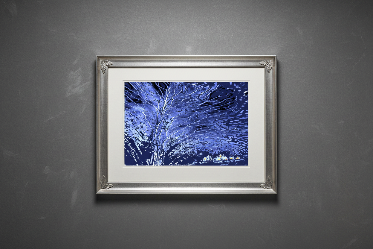 Blue winter tree artwork in elegant silver frame