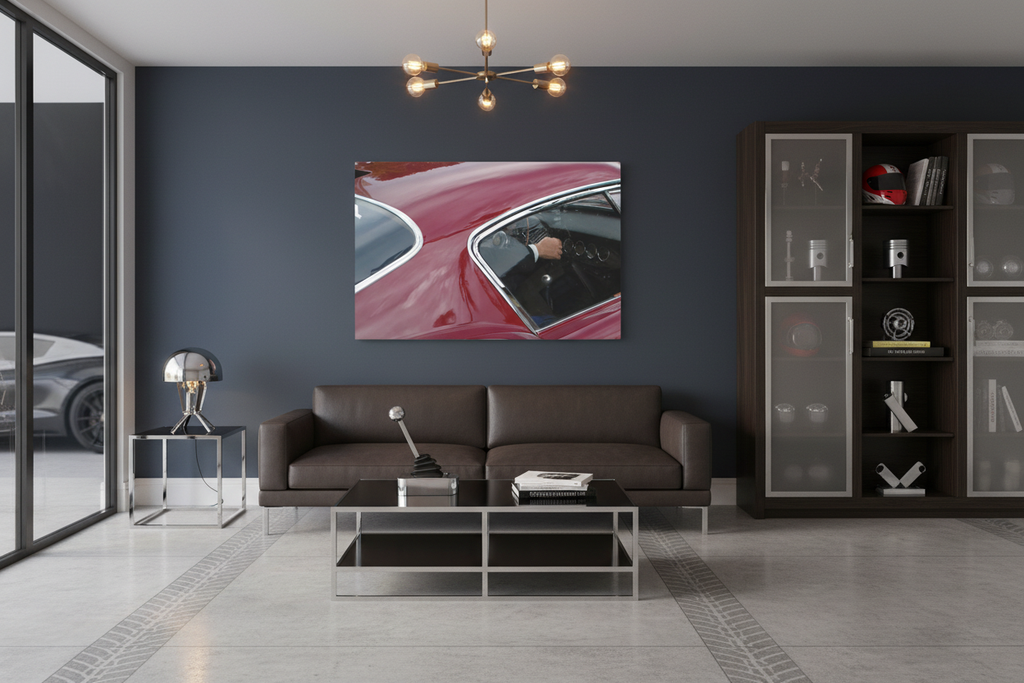 Vintage red car canvas displayed on a blue wall in a stylish garage lounge