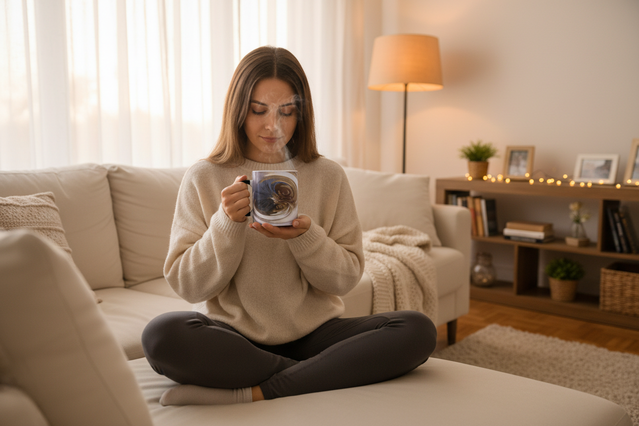 Woman sitting on couch in living room holding black ceramic mug with hot tea