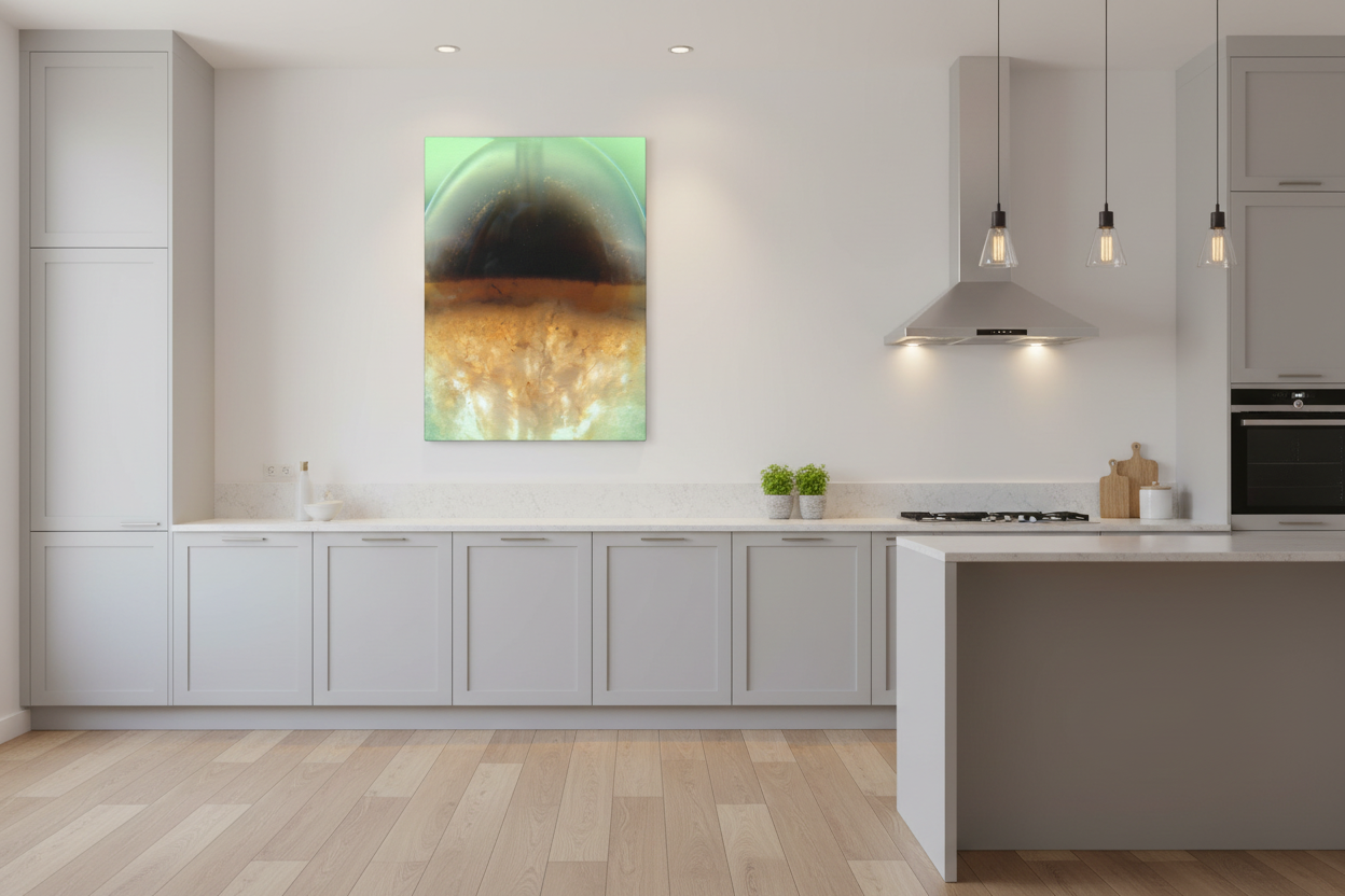 Sphere abstract canvas print displayed in a modern kitchen
