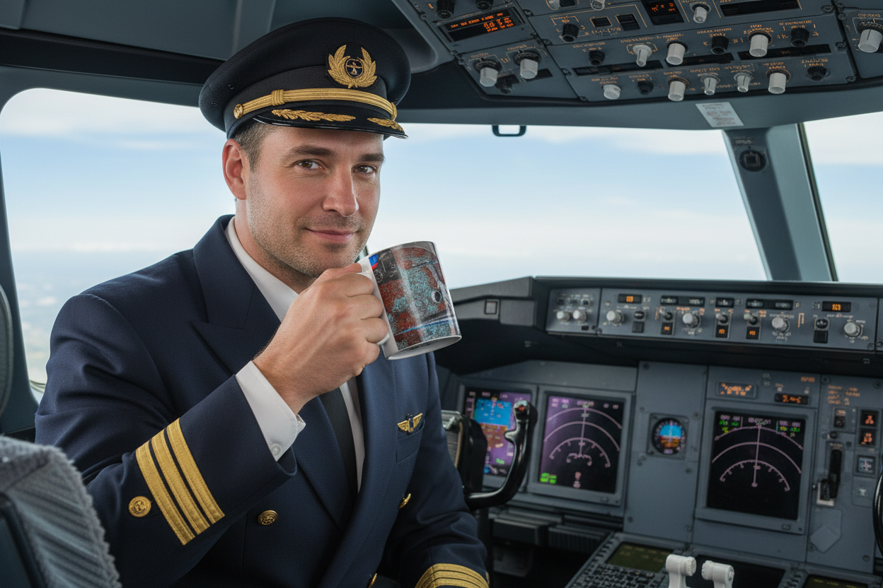 Male pilot wearing pilot hat holding color-changing airplane mug