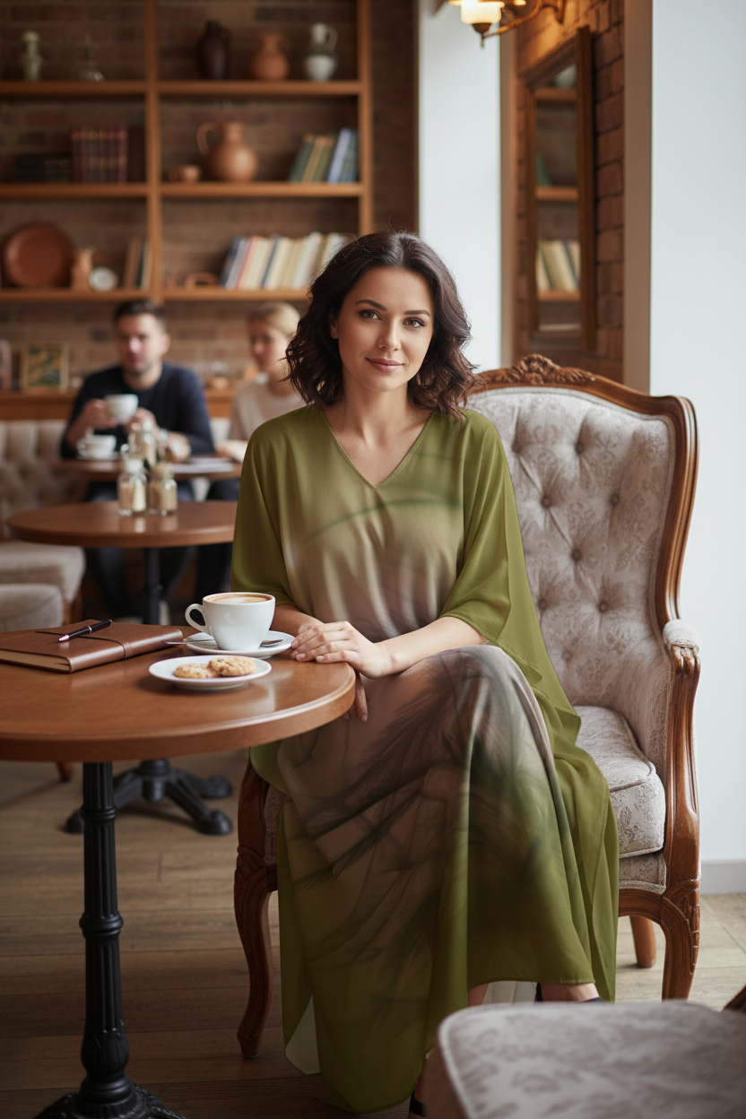 Woman wearing Green V-neck dress sitting in a café