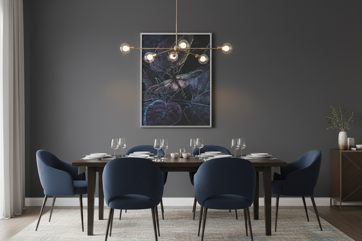 Artwork in silver frame displayed in elegant dining room
