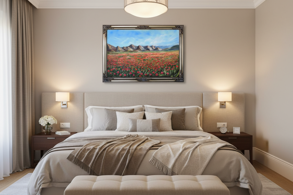 Silent Symphony in Red original oil painting above a bed in a luxury bedroom