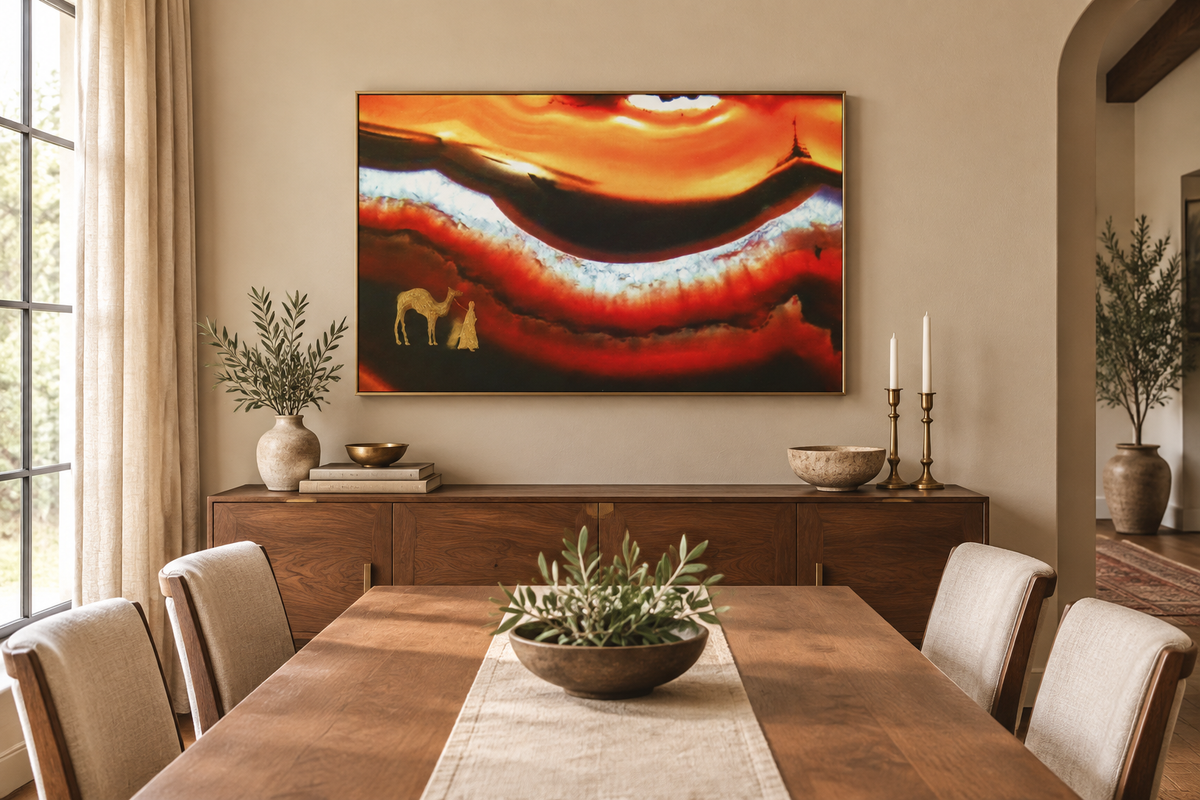 The Long Road in the Dunes canvas on a light tan dining room wall
