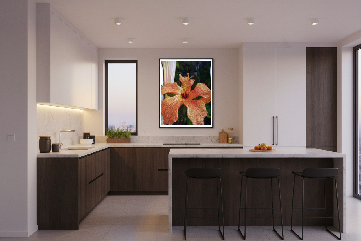 Artwork displayed in a modern kitchen