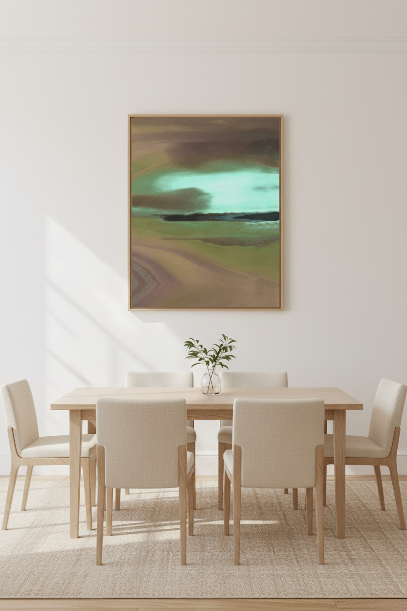 Quiet Waters vertical canvas print displayed above a dining table on a light wall