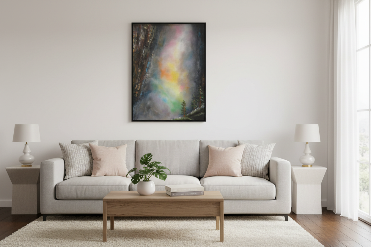 Wall art framed and displayed in a modern living room lifestyle setting