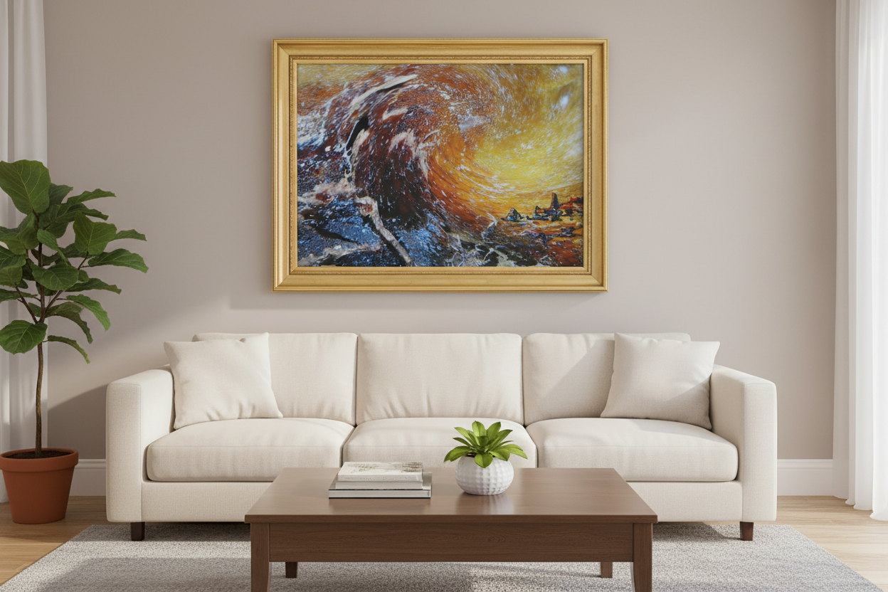 Framed artwork in golden frame displayed in living room