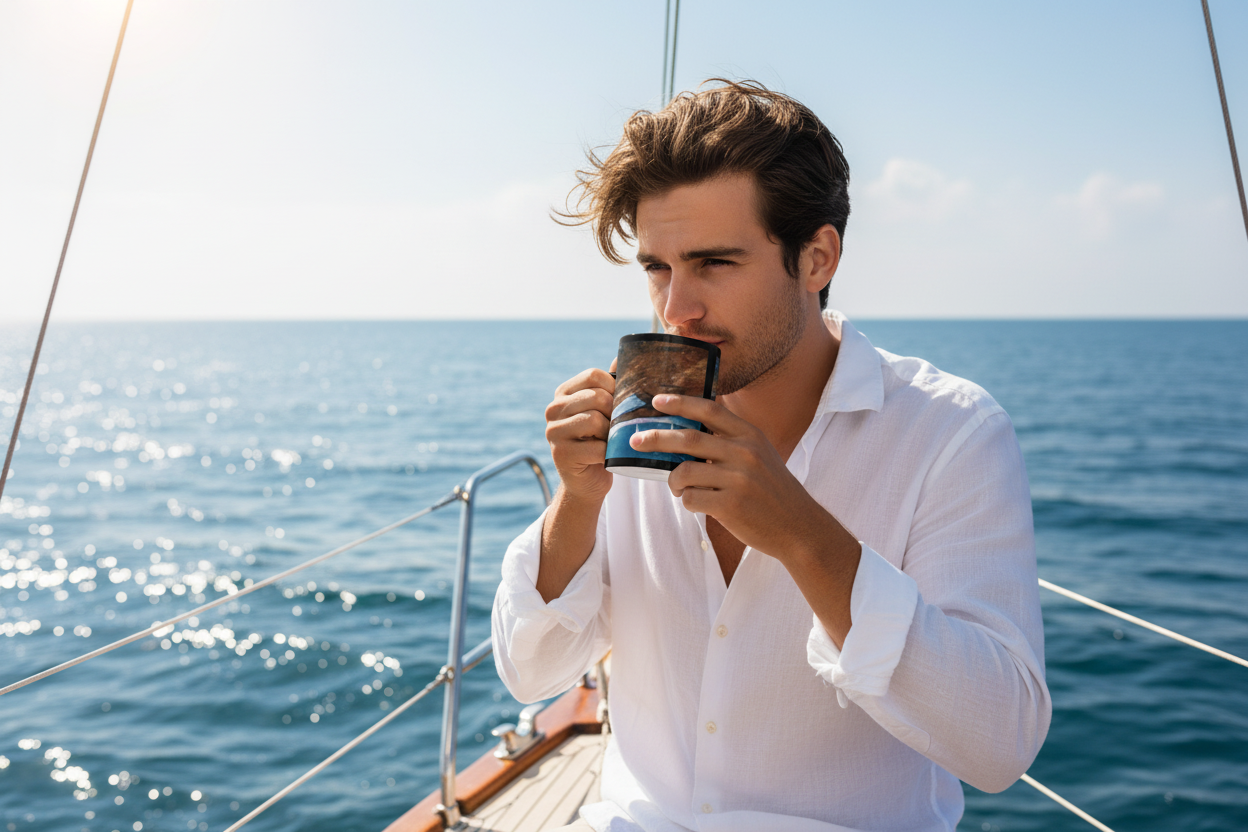 Young man on a boat at sea holding sailboat mug