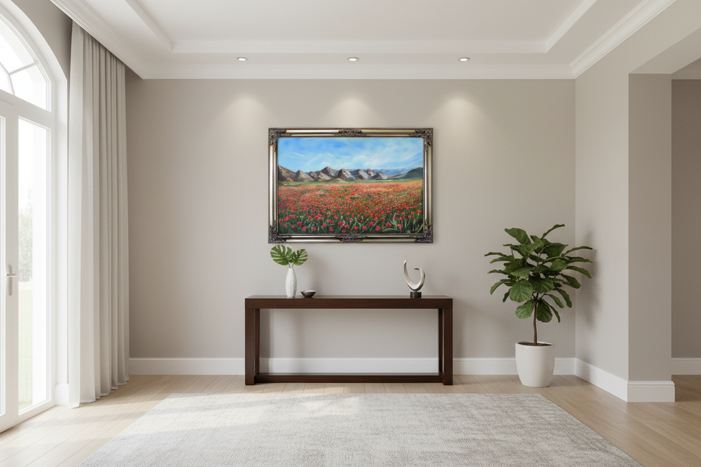 Silent Symphony in Red original oil painting in an elegant home entryway