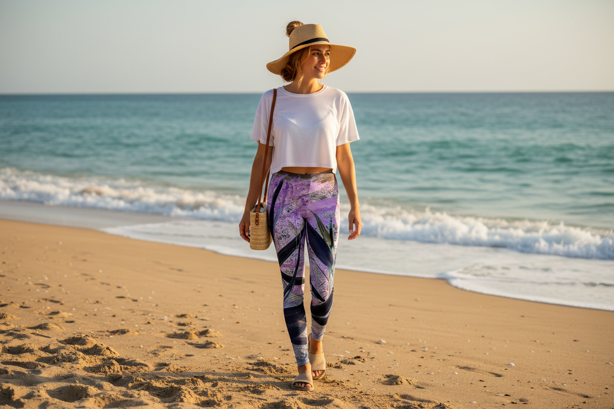 Woman walking on beach focused shot wearing lilac and black leggings