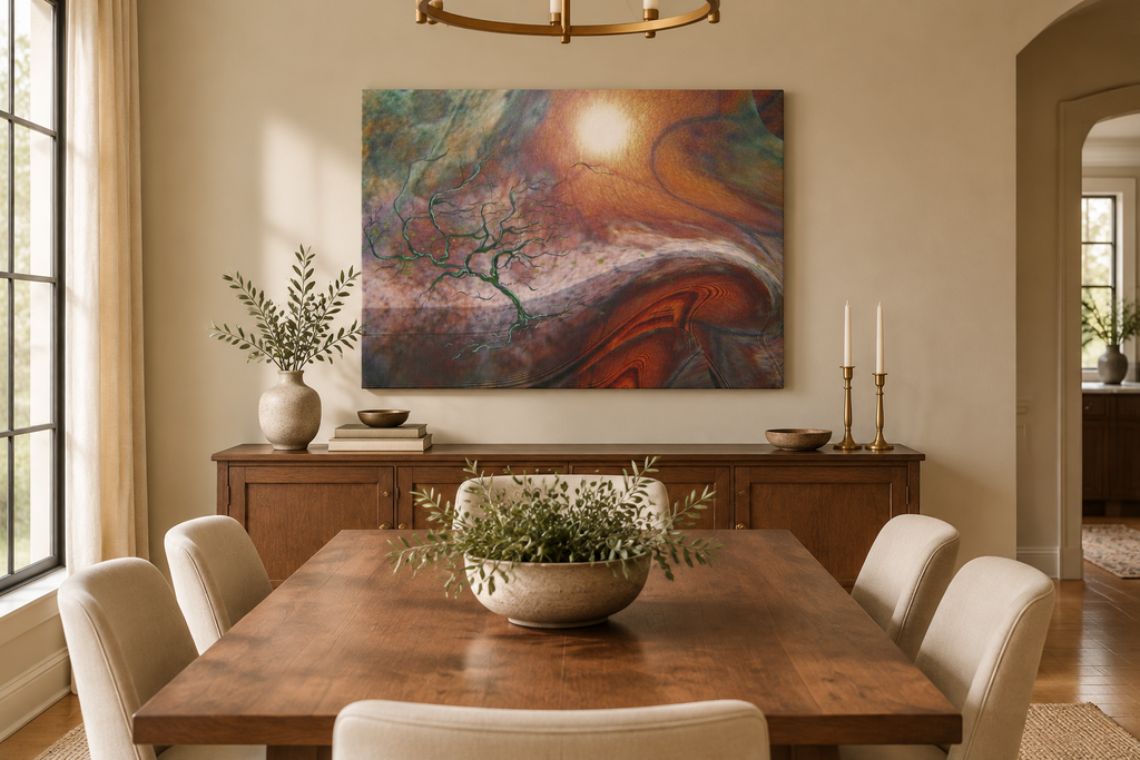 Windswept Leaf hand-finished canvas on a light tan dining room wall