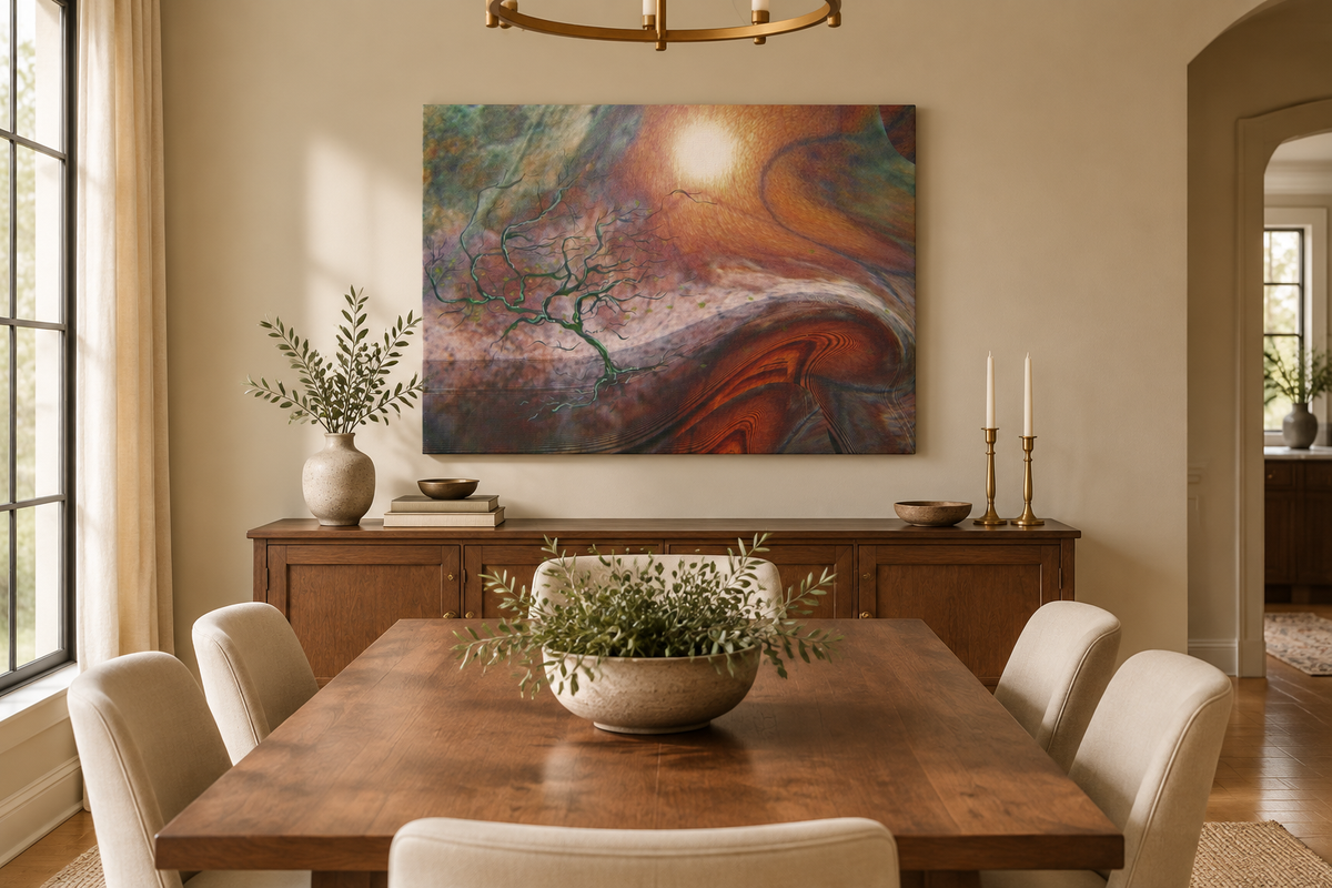 Windswept Leaf hand-finished canvas on a light tan dining room wall