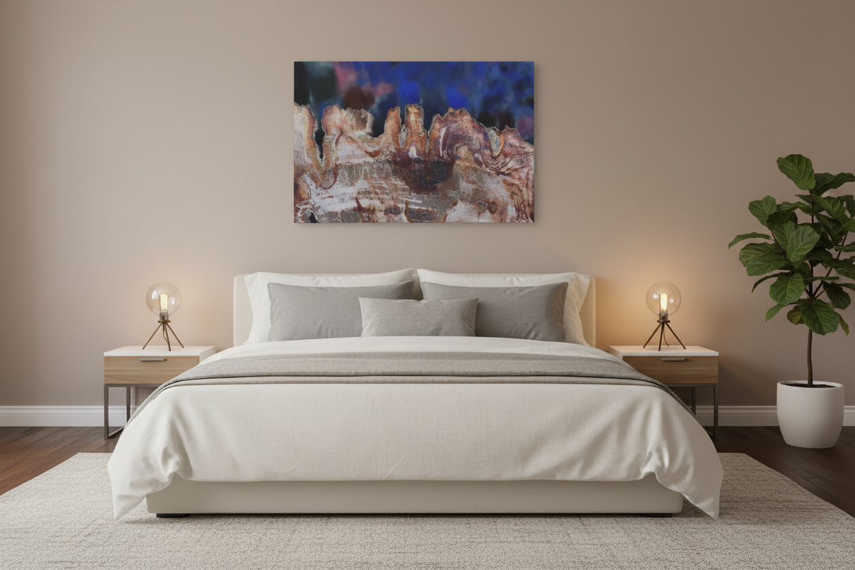 Mystic Landscape Canvas Art Print displayed in an elegant bedroom
