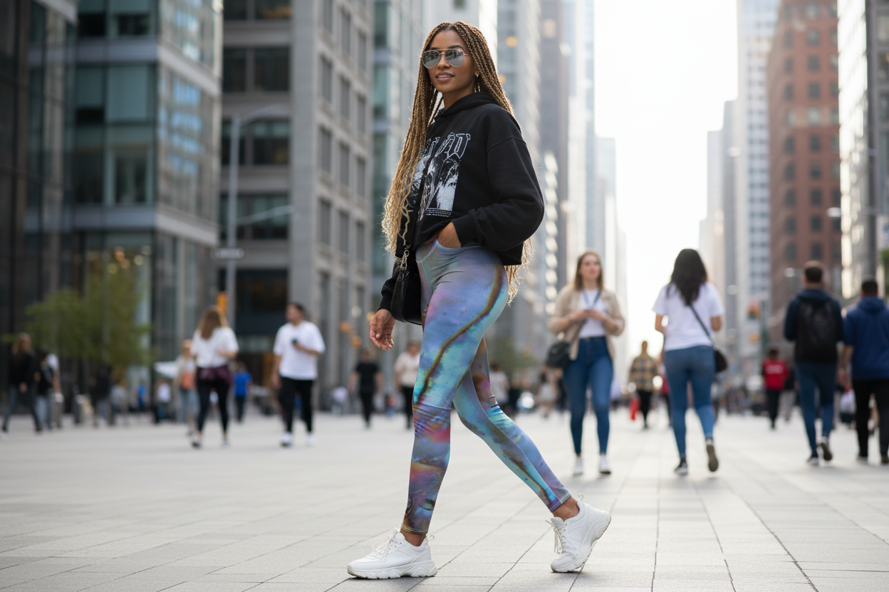 Girl wearing Blue/Pink wearable art leggings on city street