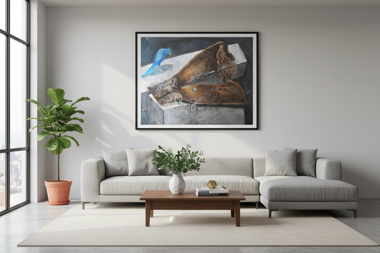 Canvas Print - Blue Bird in living room framed