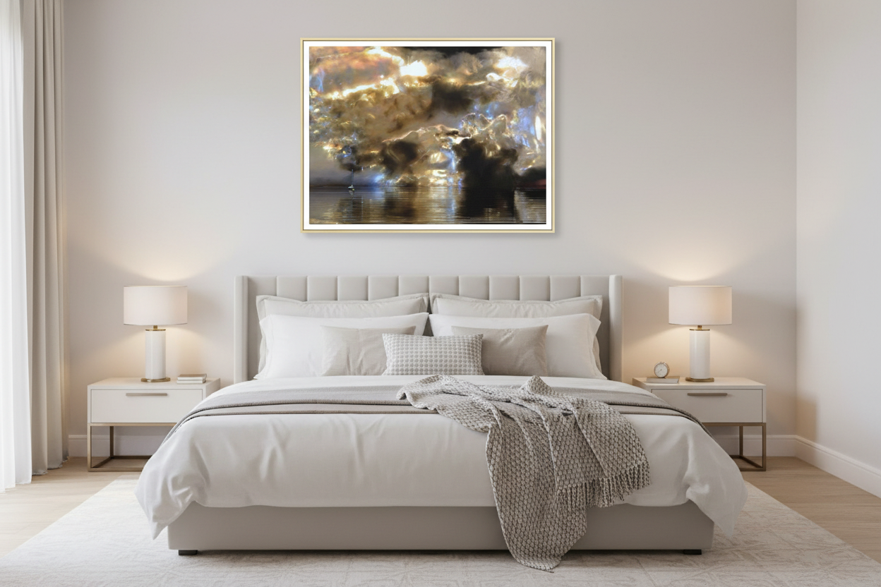 Fifth Dimension Seascape canvas print in light gold frame in a bedroom