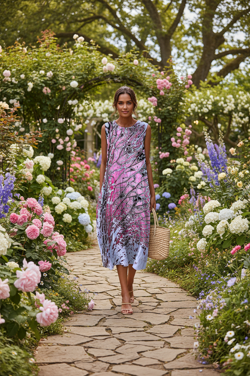 Woman walking in garden - full body