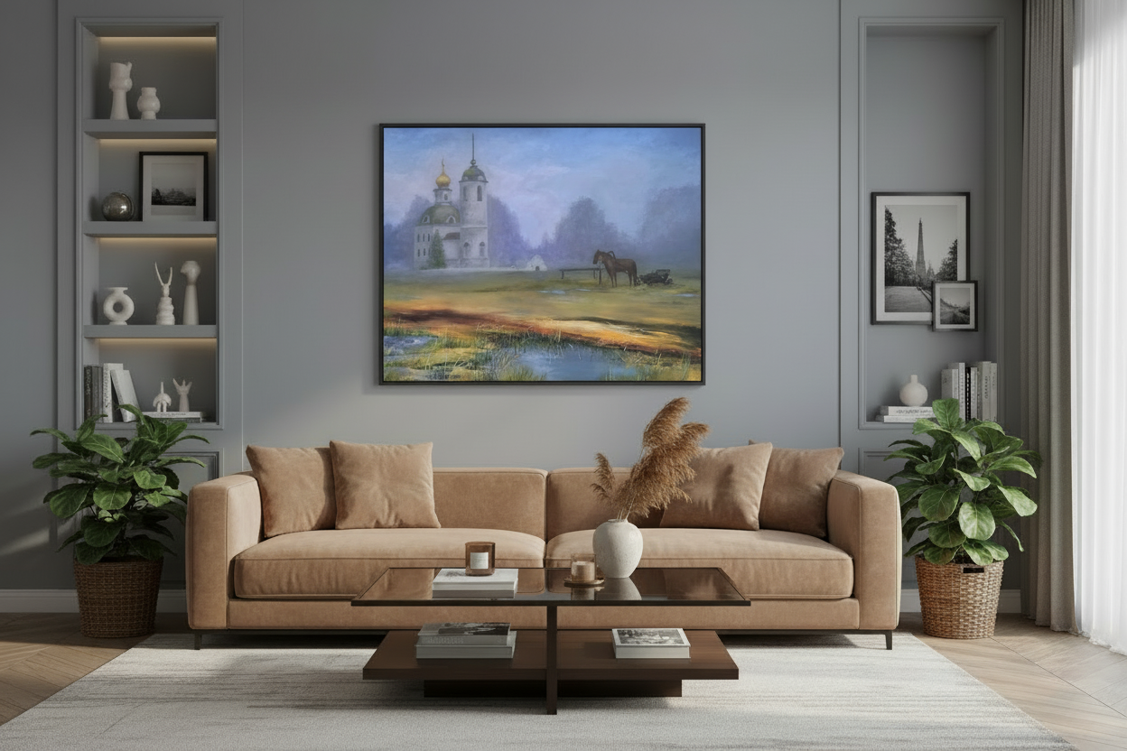 Smaller framed artwork displayed in elegant living room