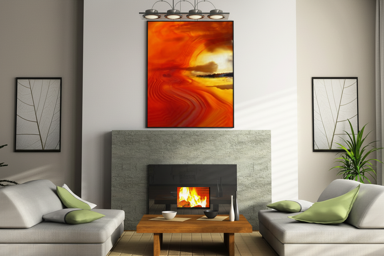 3D rendered living room with artwork above fireplace